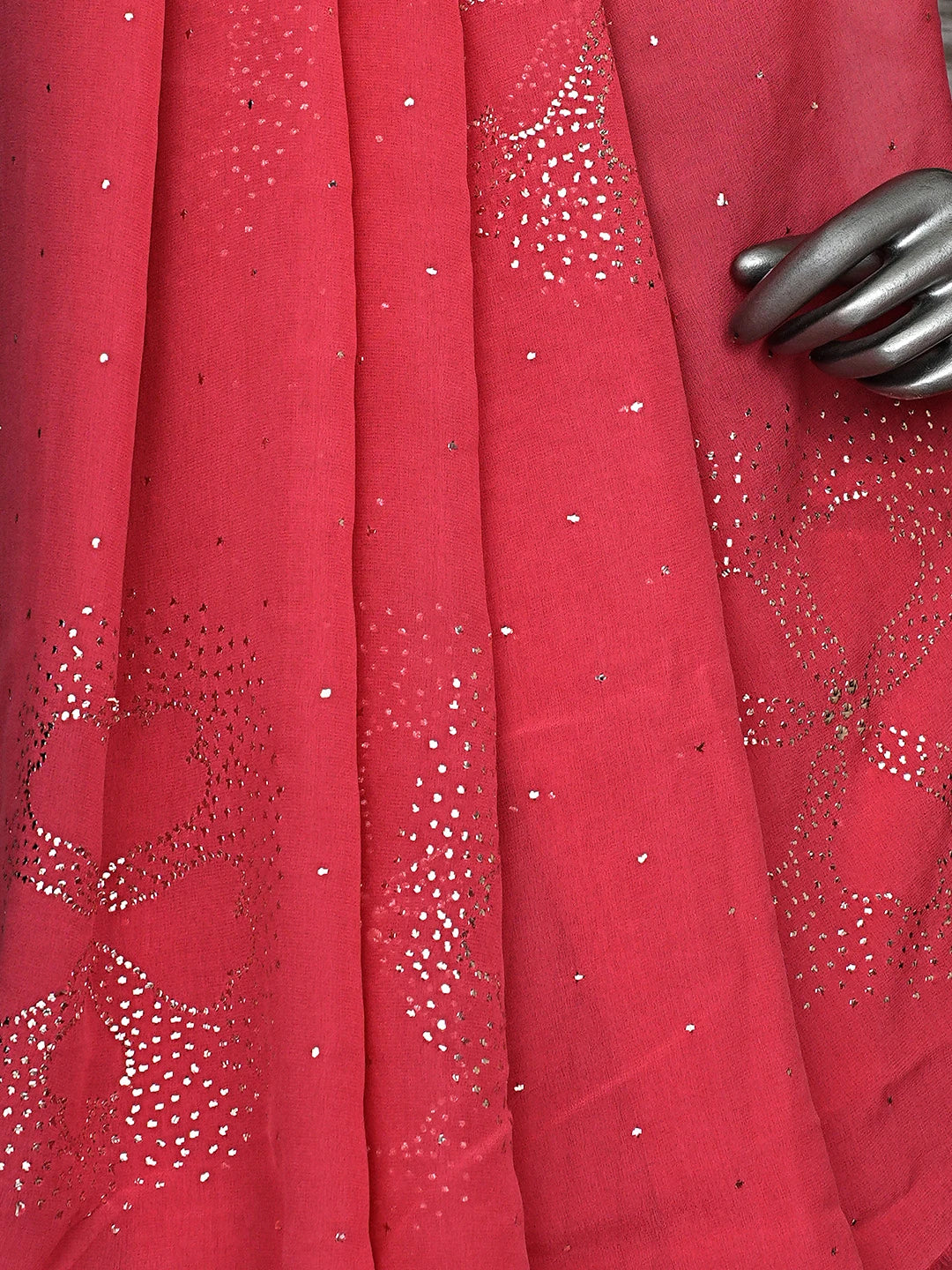 Ada Hand Embroidered Carrot Pink Pure Georgette Lucknowi Chikankari Saree and Blouse With Mukaish Work 01A932368