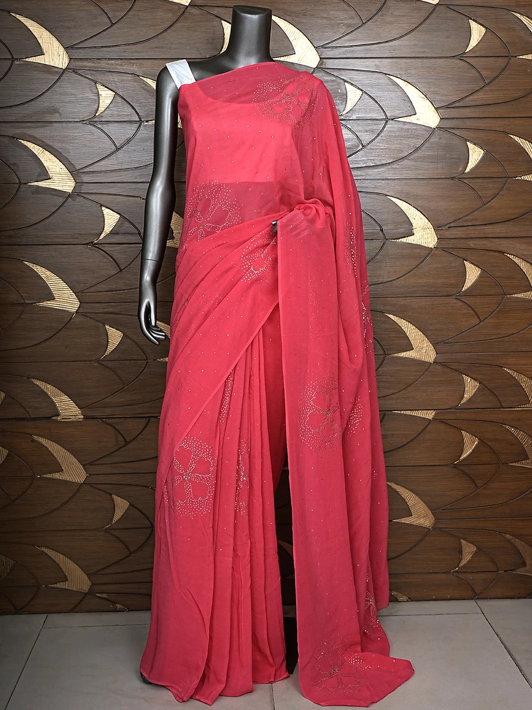 Ada Hand Embroidered Carrot Pink Pure Georgette Lucknowi Chikankari Saree and Blouse With Mukaish Work 01A932368