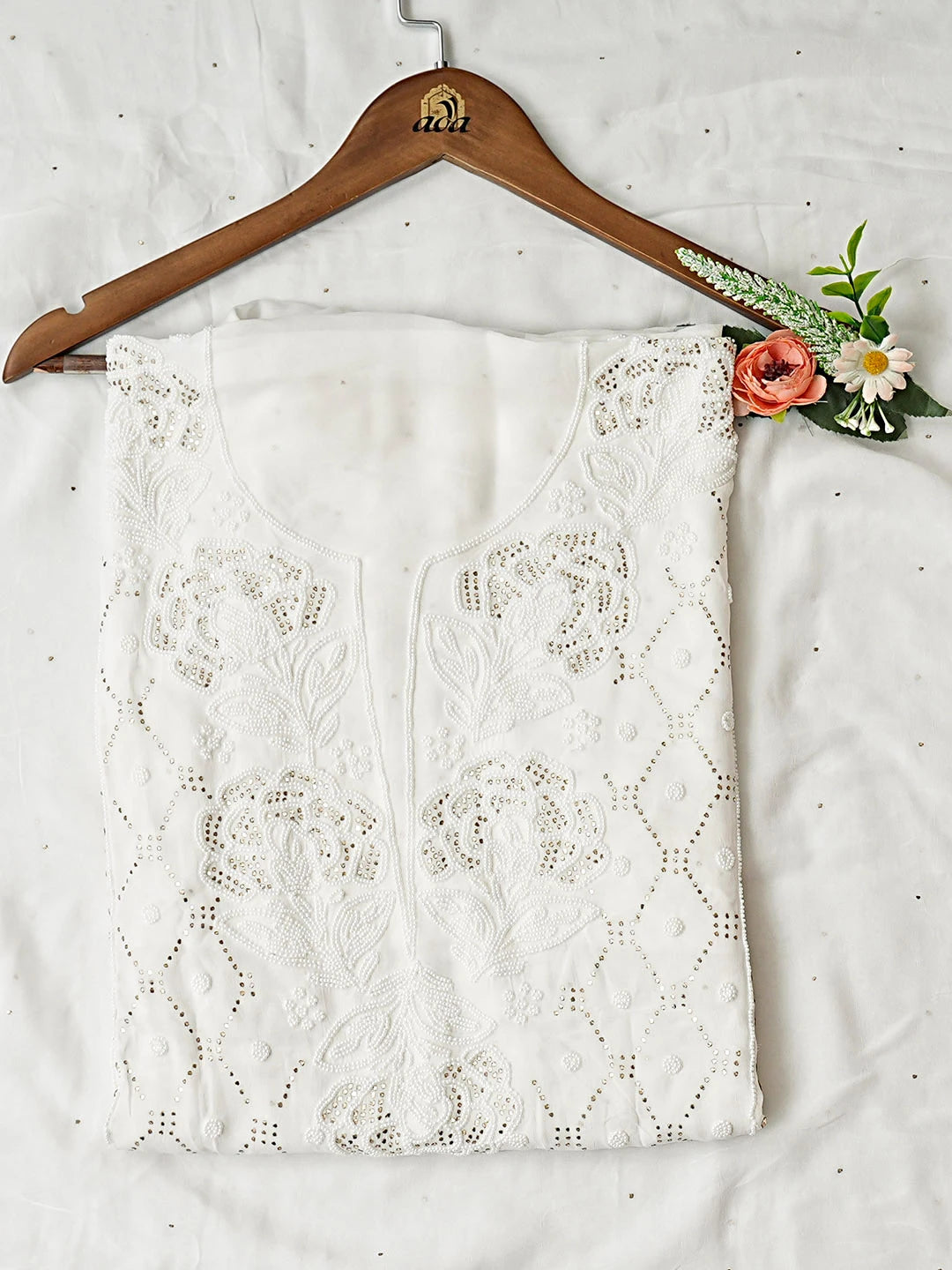 Ada Hand Embroidered White Viscose Georgette Unstitched Kurta Dupatta Set With Muqaish/Mukaish Work 01A922877