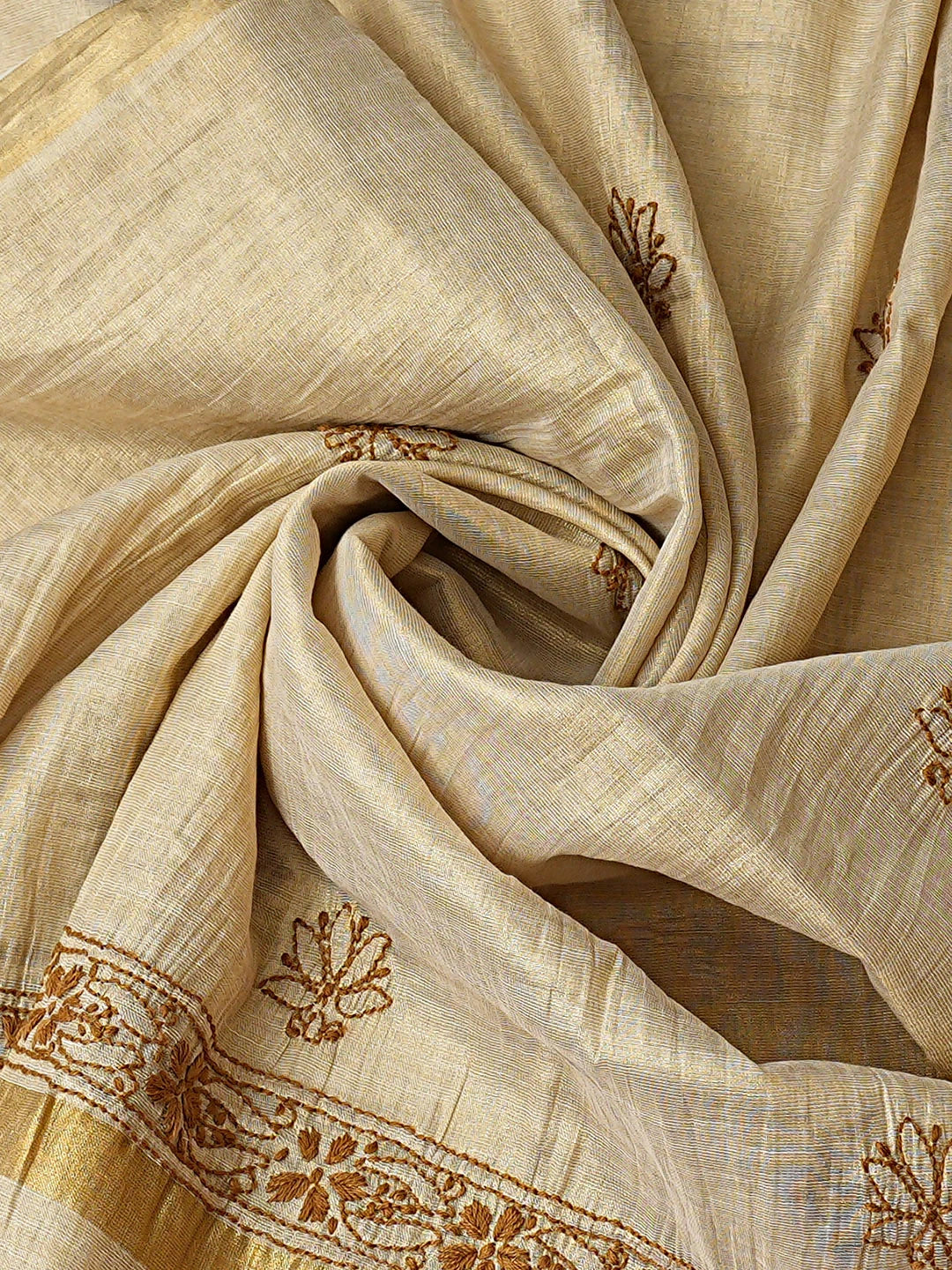 Ada Hand Embroidered Fawn Tissue Lucknowi Chikankari Unstitched Kurta Dupatta Set 01A921748