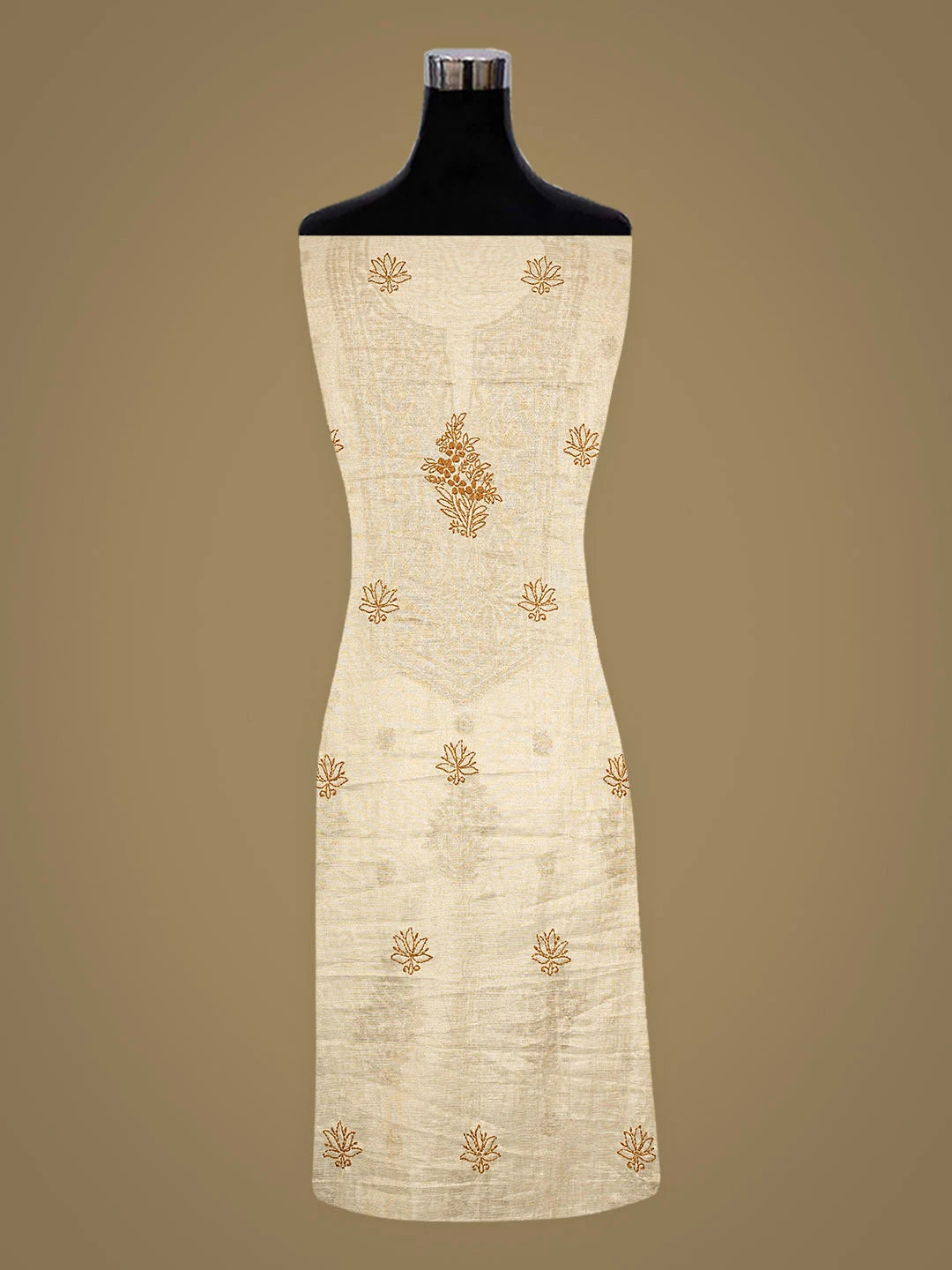 Ada Hand Embroidered Fawn Tissue Lucknowi Chikankari Unstitched Kurta Dupatta Set 01A921748