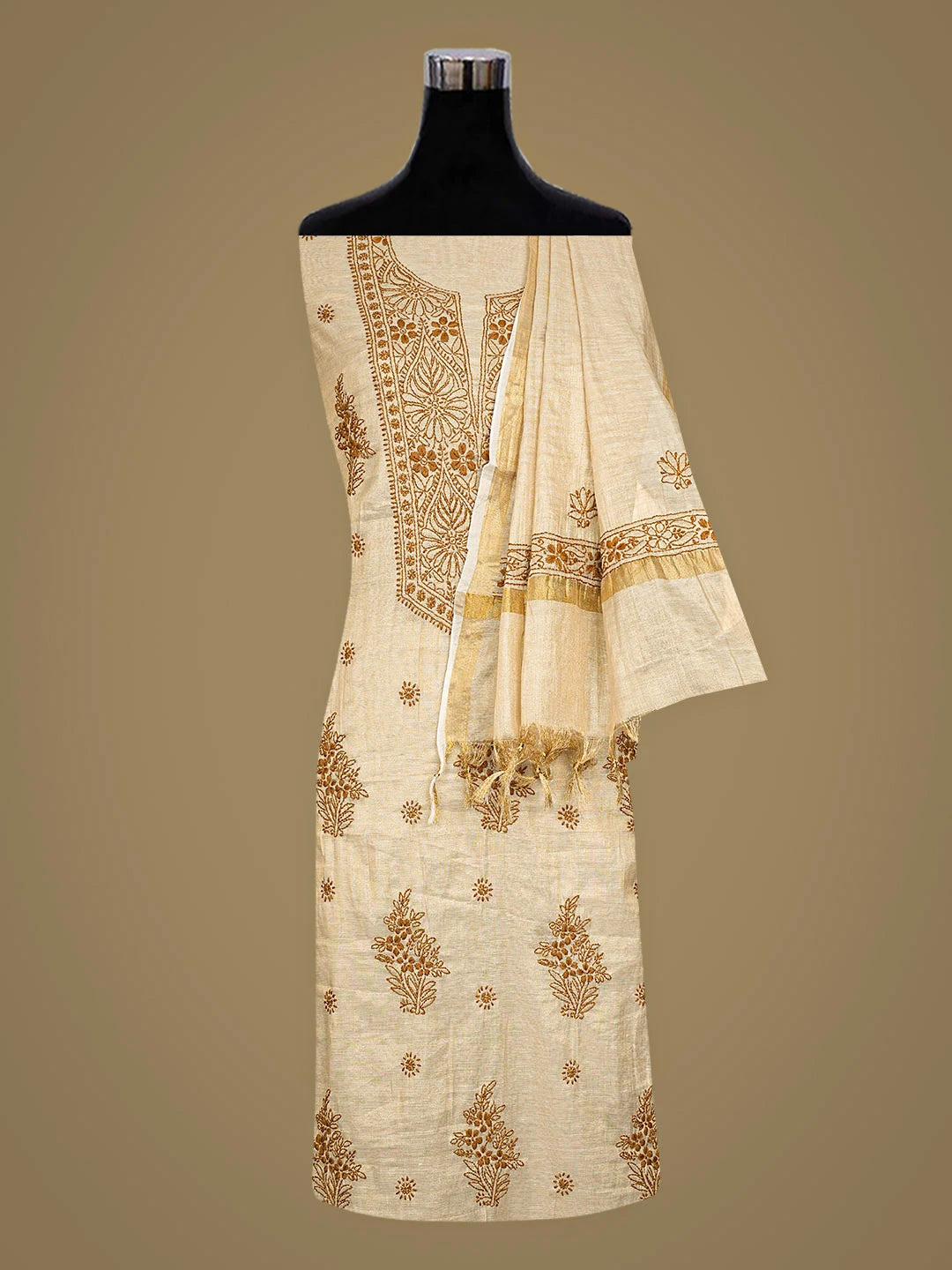 Ada Hand Embroidered Fawn Tissue Lucknowi Chikankari Unstitched Kurta Dupatta Set 01A921748