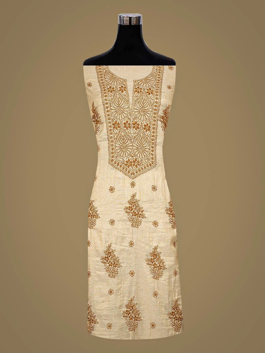 Ada Hand Embroidered Fawn Tissue Lucknowi Chikankari Unstitched Kurta Dupatta Set 01A921748