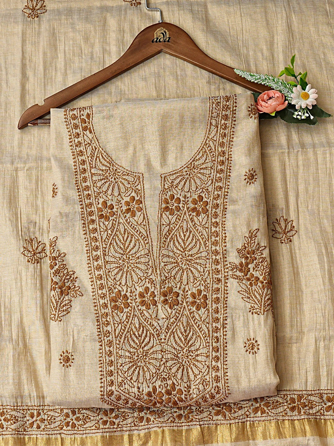 Ada Hand Embroidered Fawn Tissue Lucknowi Chikankari Unstitched Kurta Dupatta Set 01A921748