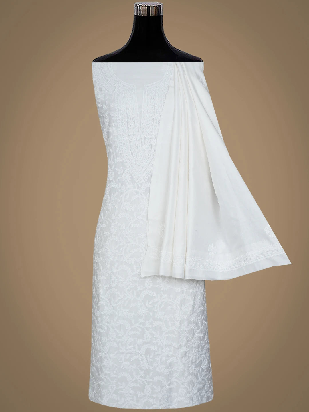 Ada Hand Embroidered White Chanderi Lucknowi Chikankari Unstitched Kurta Dupatta Set 01A932575