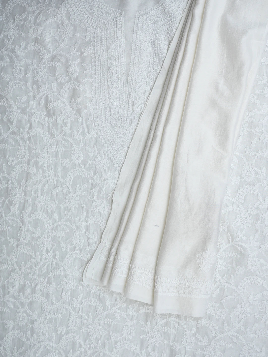 Ada Hand Embroidered White Chanderi Lucknowi Chikankari Unstitched Kurta Dupatta Set 01A932575