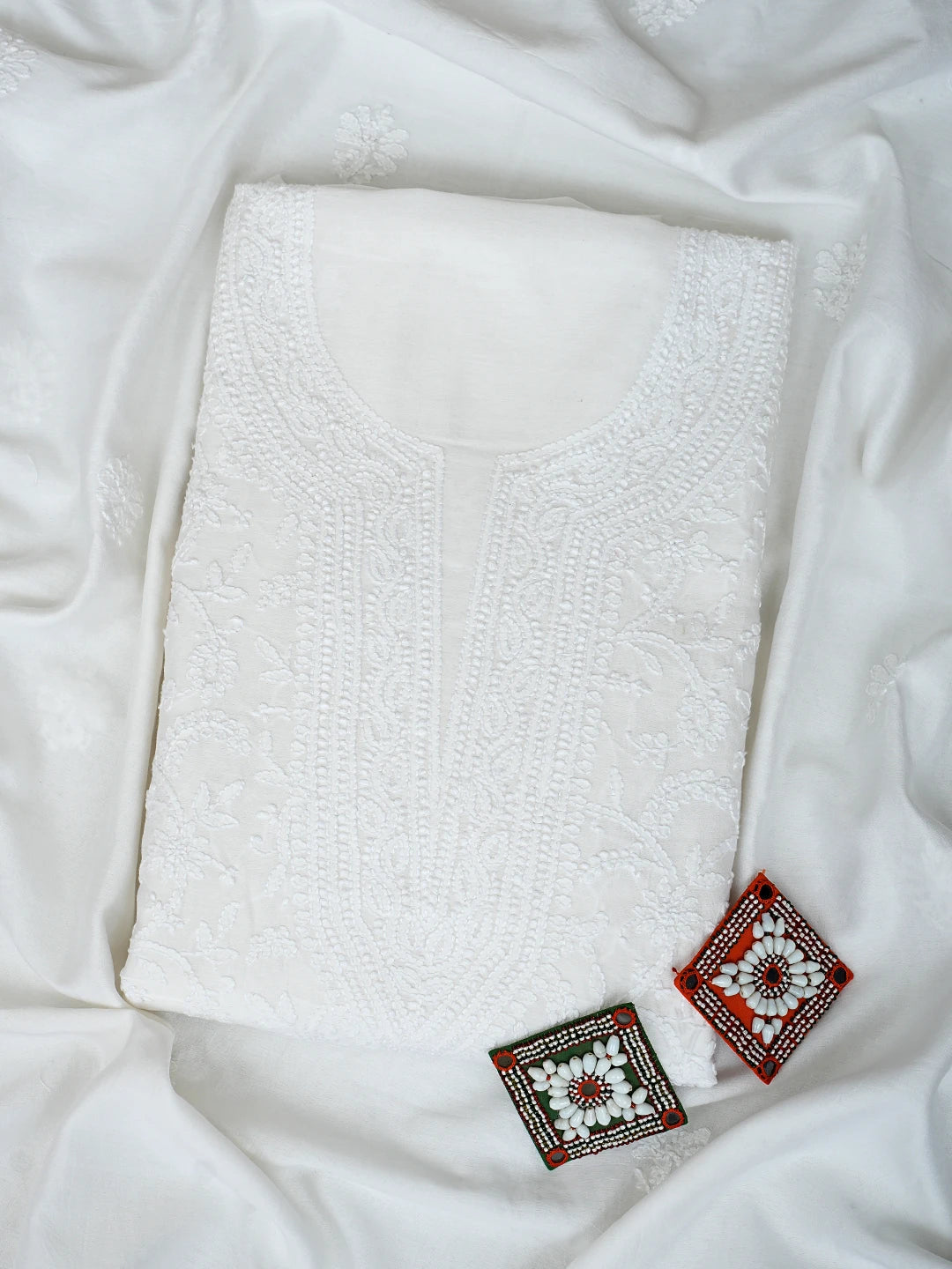 Ada Hand Embroidered White Chanderi Lucknowi Chikankari Unstitched Kurta Dupatta Set 01A932575