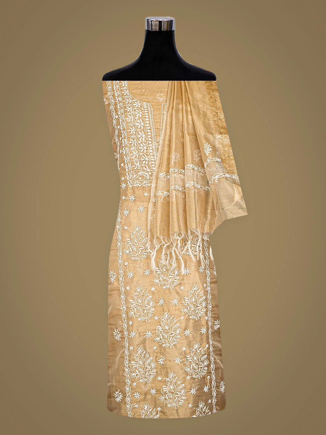 Ada Hand Embroidered Fawn Tissue Lucknowi Chikankari Unstitched Kurta Dupatta Set 01A922236