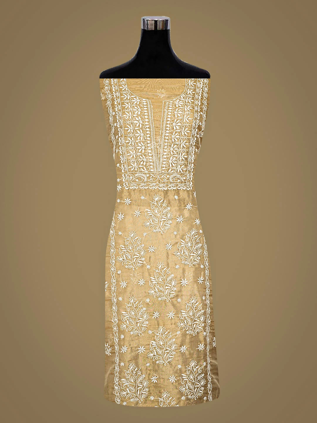 Ada Hand Embroidered Fawn Tissue Lucknowi Chikankari Unstitched Kurta Dupatta Set 01A922236