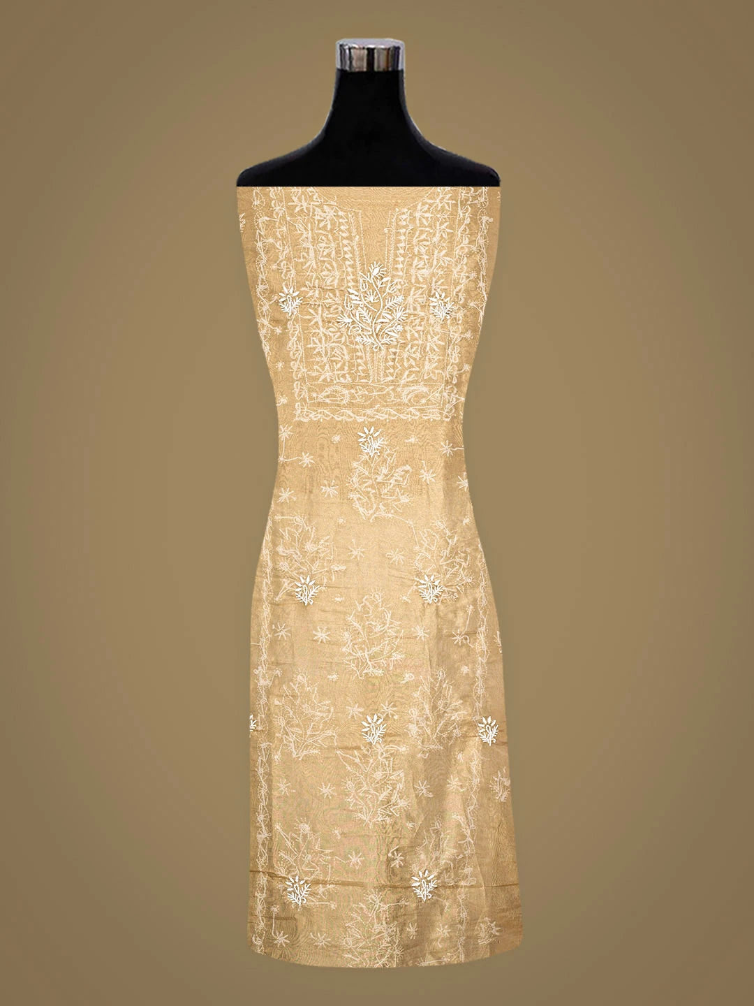 Ada Hand Embroidered Fawn Tissue Lucknowi Chikankari Unstitched Kurta Dupatta Set 01A922236