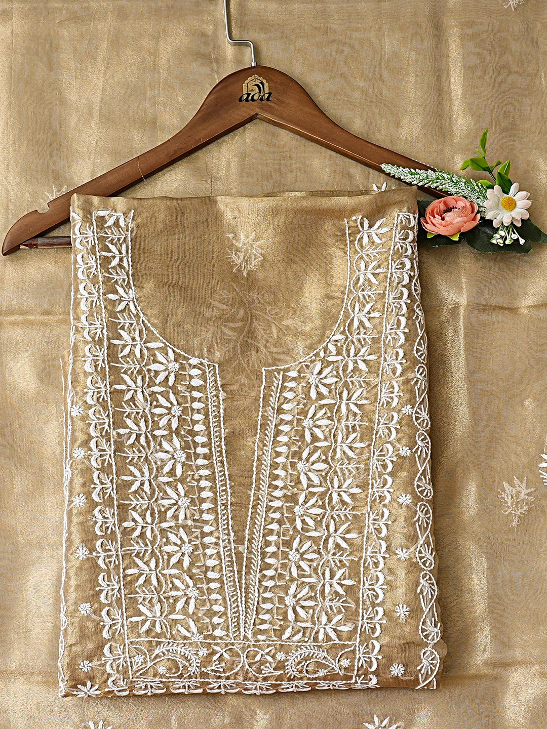 Ada Hand Embroidered Fawn Tissue Lucknowi Chikankari Unstitched Kurta Dupatta Set 01A922236