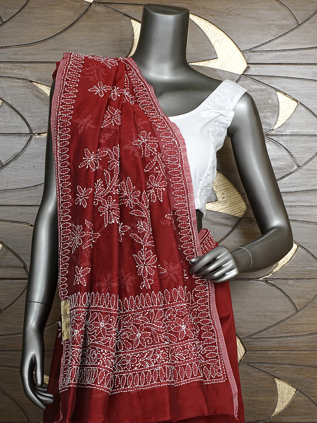 Ada Hand Embroidered Red Chanderi Lucknowi Chikankari Saree and Blouse 01A922916