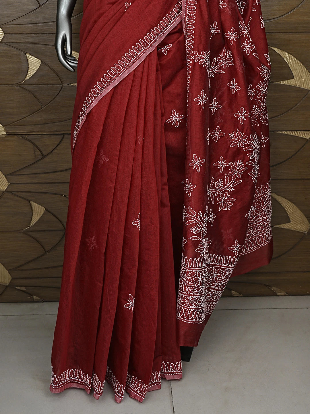 Ada Hand Embroidered Red Chanderi Lucknowi Chikankari Saree and Blouse 01A922916