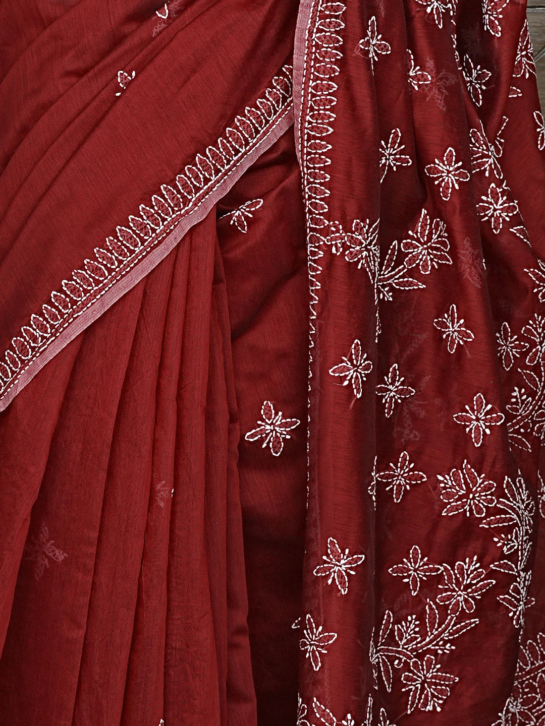 Ada Hand Embroidered Red Chanderi Lucknowi Chikankari Saree and Blouse 01A922916