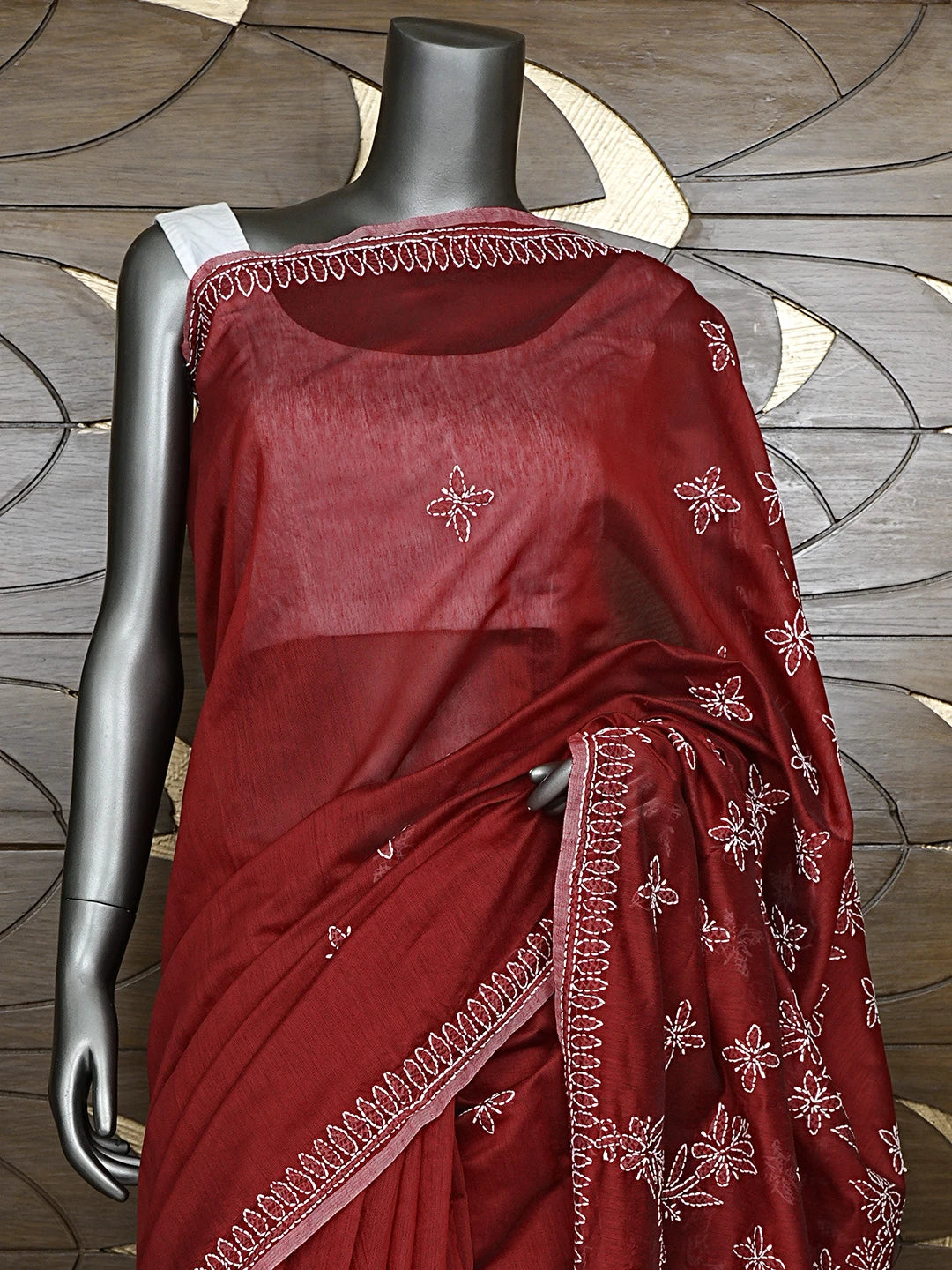 Ada Hand Embroidered Red Chanderi Lucknowi Chikankari Saree and Blouse 01A922916