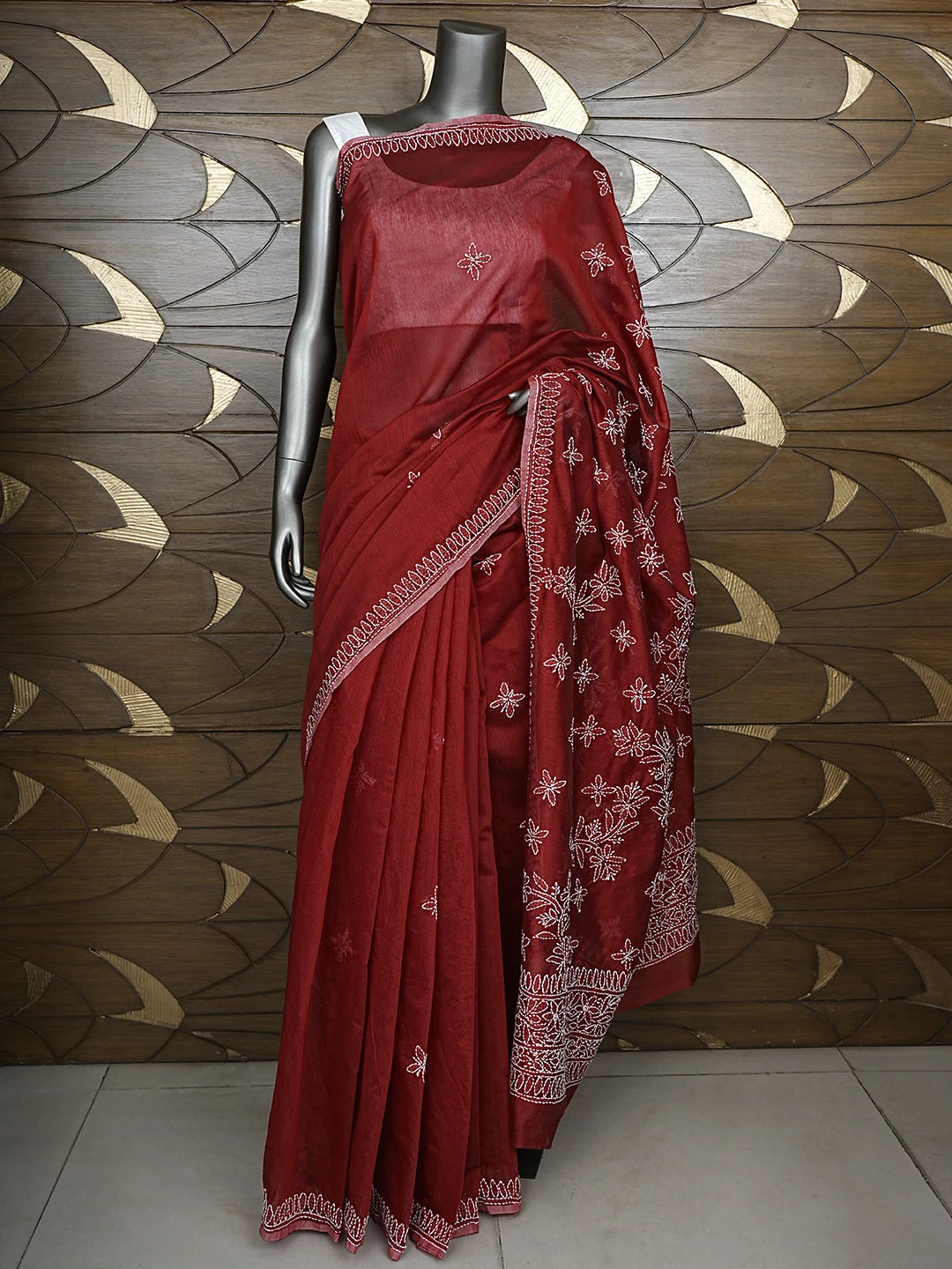 Ada Hand Embroidered Red Chanderi Lucknowi Chikankari Saree and Blouse 01A922916