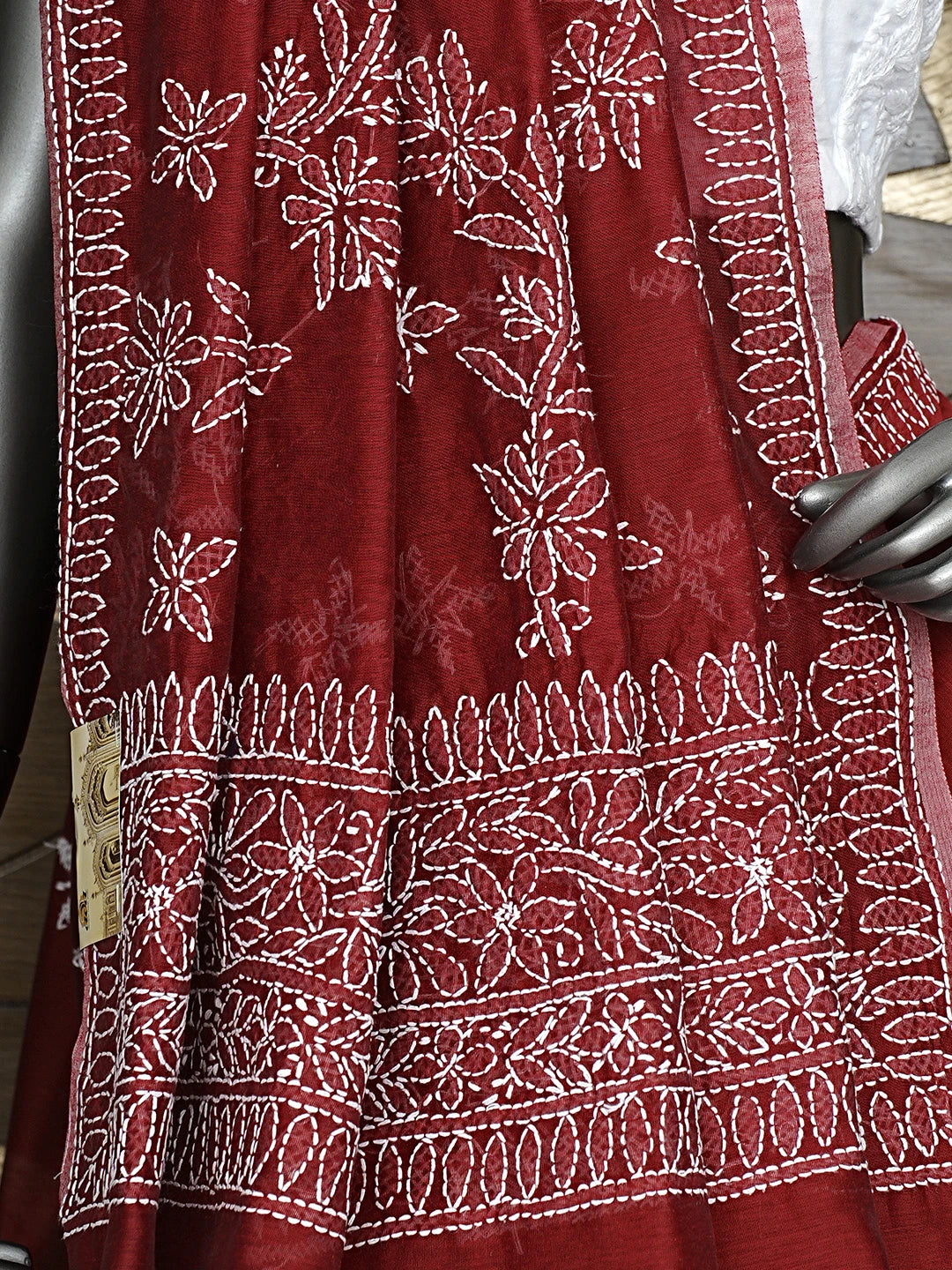 Ada Hand Embroidered Red Chanderi Lucknowi Chikankari Saree and Blouse 01A922916