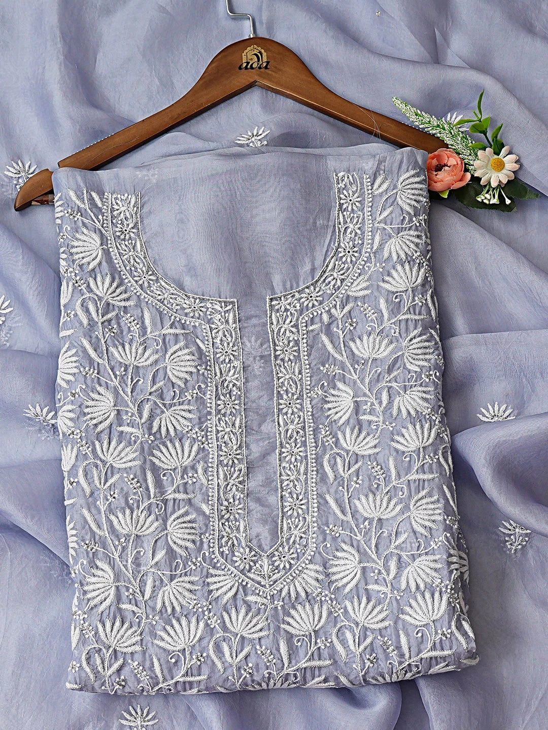 Ada Hand Embroidered Powder Blue Organza Lucknowi Chikankari Unstitched Kurta Dupatta Set With Cutdana Work 01A719967
