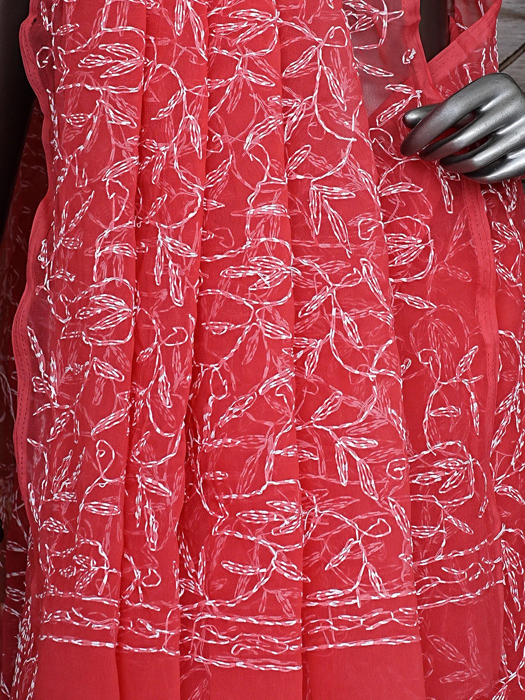Ada Hand Embroidered Carrot Pink Georgette Lucknowi Chikankari Saree With Blouse 01A923231