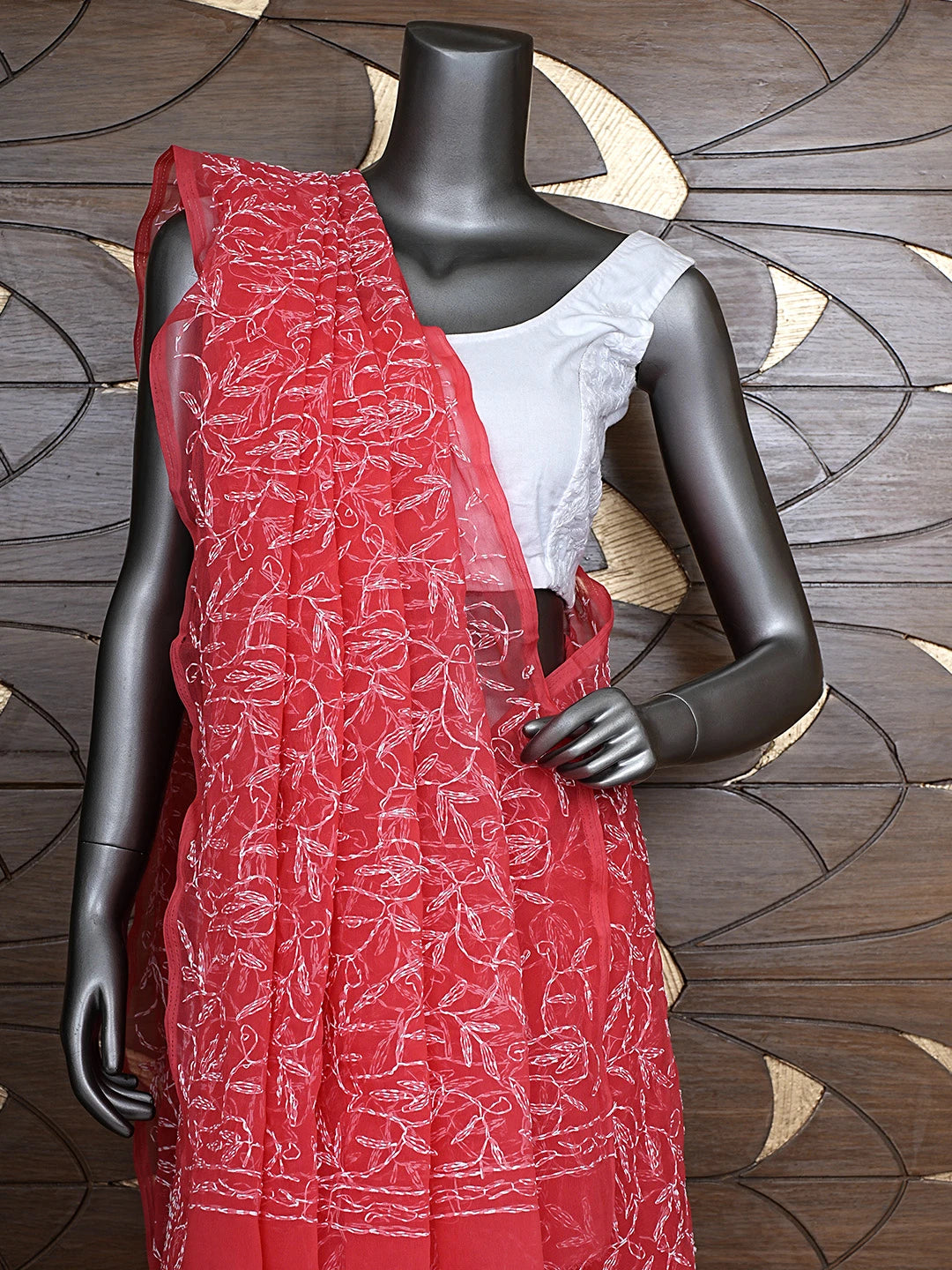 Ada Hand Embroidered Carrot Pink Georgette Lucknowi Chikankari Saree With Blouse 01A923231