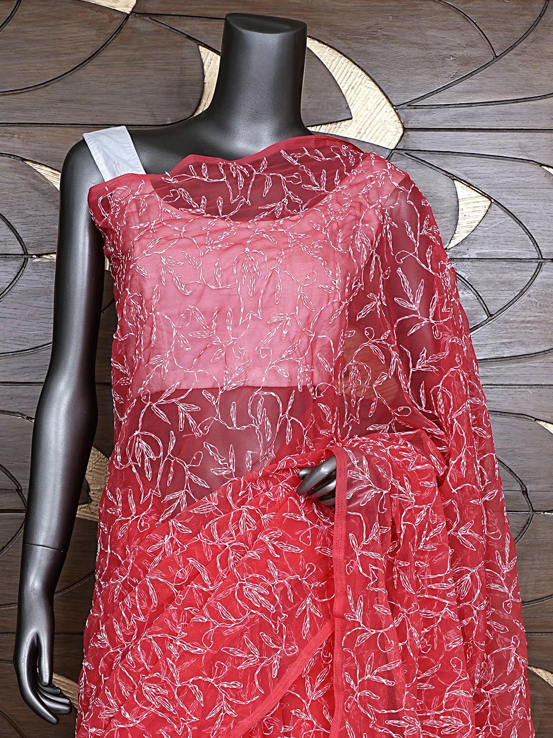 Ada Hand Embroidered Carrot Pink Georgette Lucknowi Chikankari Saree With Blouse 01A923231