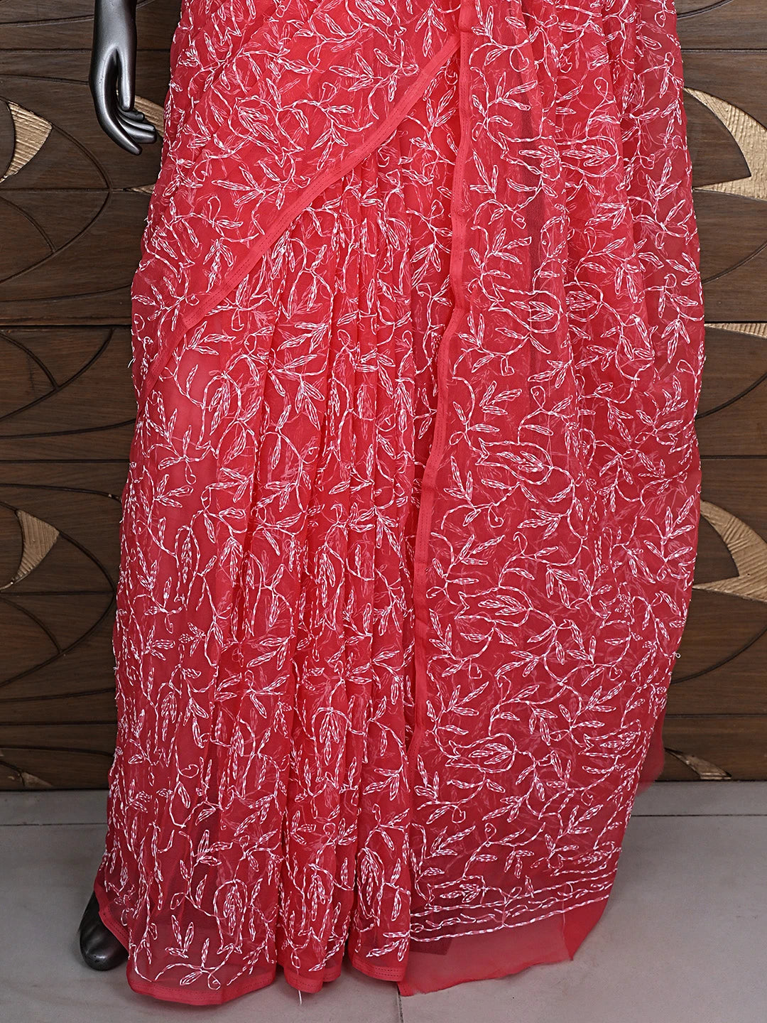 Ada Hand Embroidered Carrot Pink Georgette Lucknowi Chikankari Saree With Blouse 01A923231