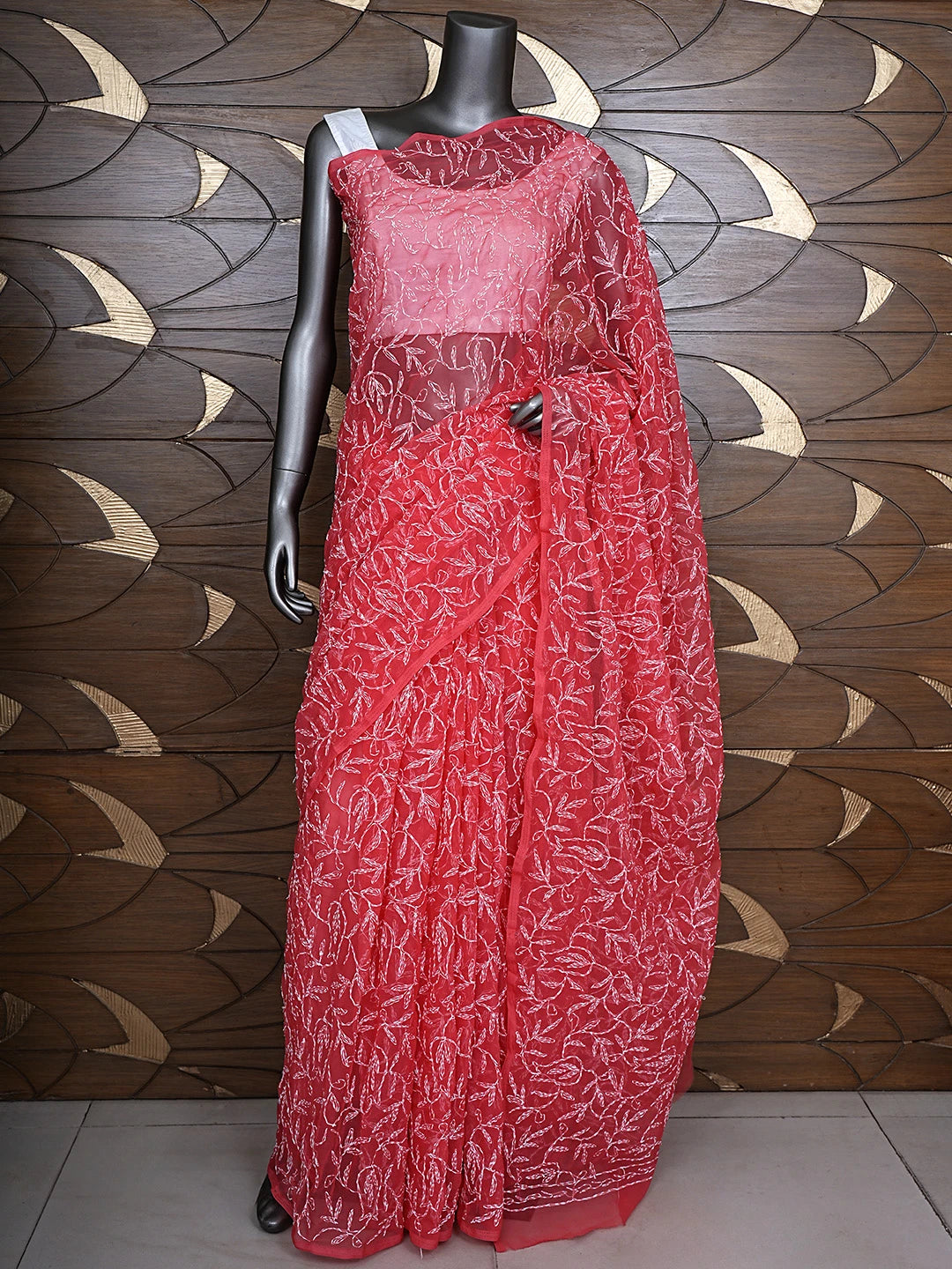 Ada Hand Embroidered Carrot Pink Georgette Lucknowi Chikankari Saree With Blouse 01A923231