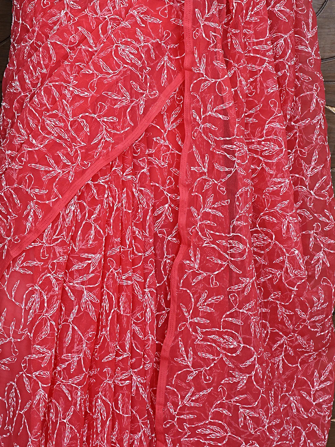 Ada Hand Embroidered Carrot Pink Georgette Lucknowi Chikankari Saree With Blouse 01A923231