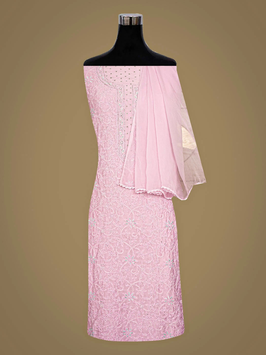 Ada Hand Embroidered Pink Chanderi Lucknowi Chikankari Unstitched Kurta Dupatta Set With Cutdana Work 01A791823