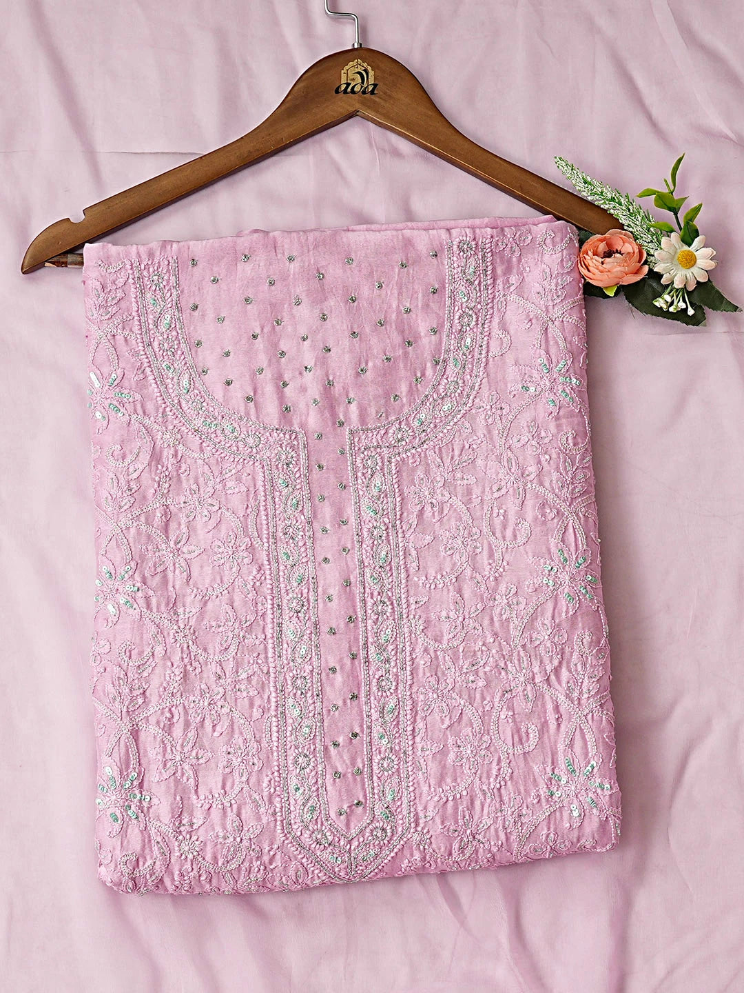 Ada Hand Embroidered Pink Chanderi Lucknowi Chikankari Unstitched Kurta Dupatta Set With Cutdana Work 01A791823