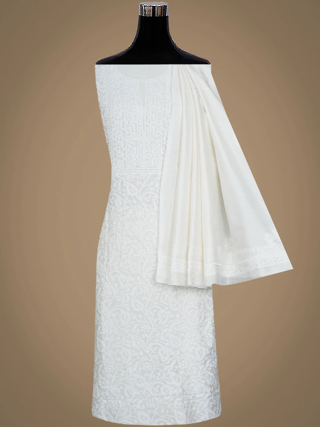 Ada Hand Embroidered Off White Chanderi Lucknowi Chikankari Unstitched Kurta Dupatta Set 01A932578