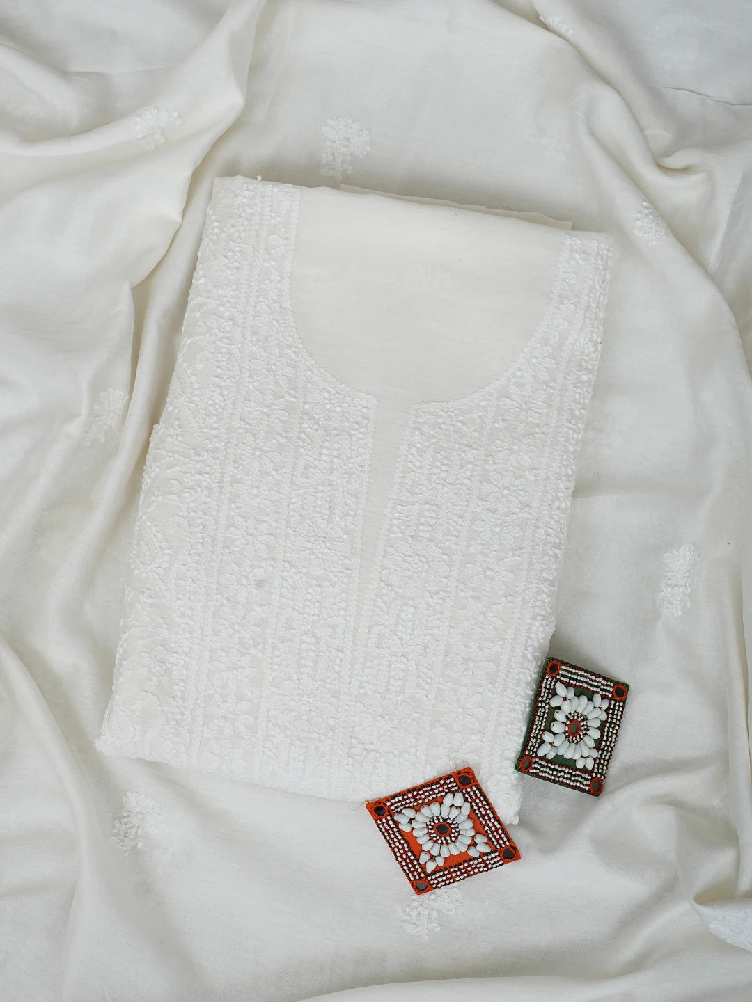 Ada Hand Embroidered Off White Chanderi Lucknowi Chikankari Unstitched Kurta Dupatta Set 01A932578
