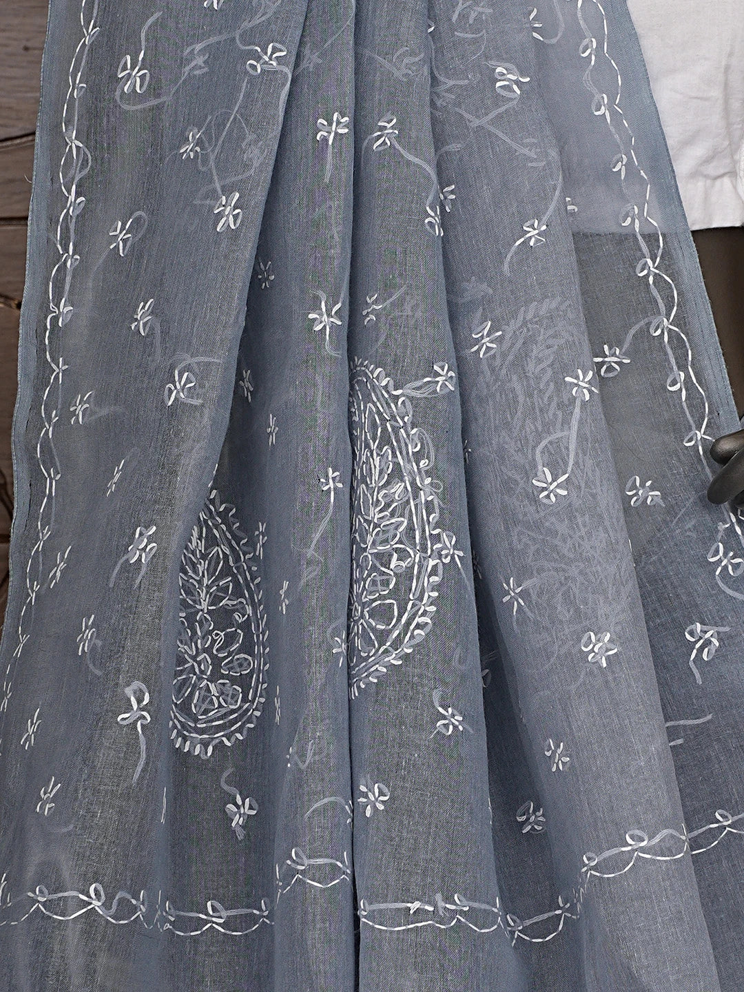 Ada Hand Embroidered Grey Cotton Lucknowi Chikankari Saree and Blouse 01A882899