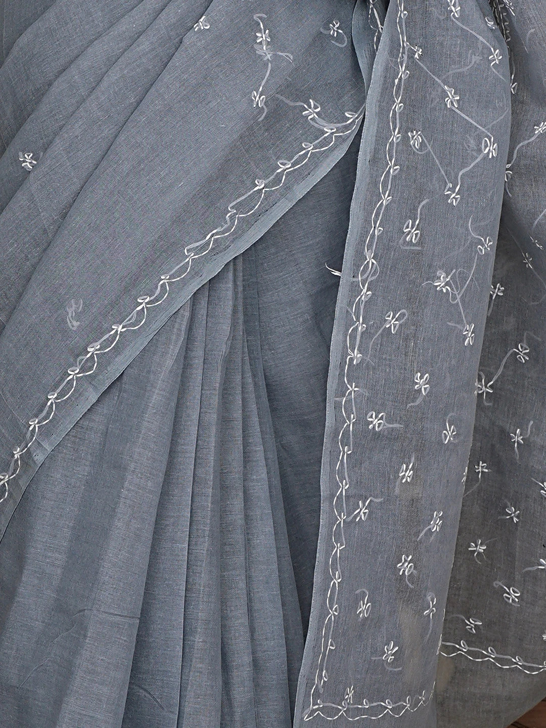 Ada Hand Embroidered Grey Cotton Lucknowi Chikankari Saree and Blouse 01A882899