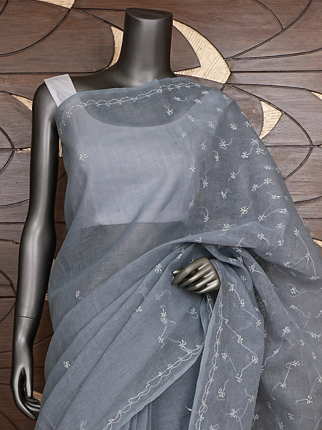 Ada Hand Embroidered Grey Cotton Lucknowi Chikankari Saree and Blouse 01A882899
