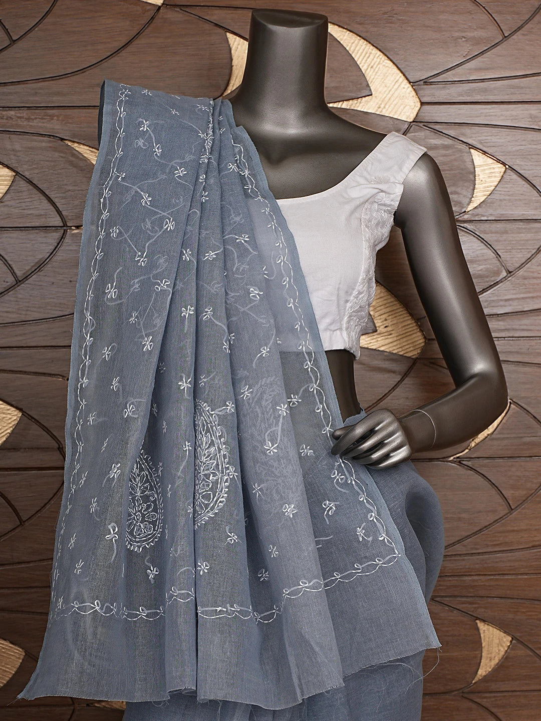 Ada Hand Embroidered Grey Cotton Lucknowi Chikankari Saree and Blouse 01A882899