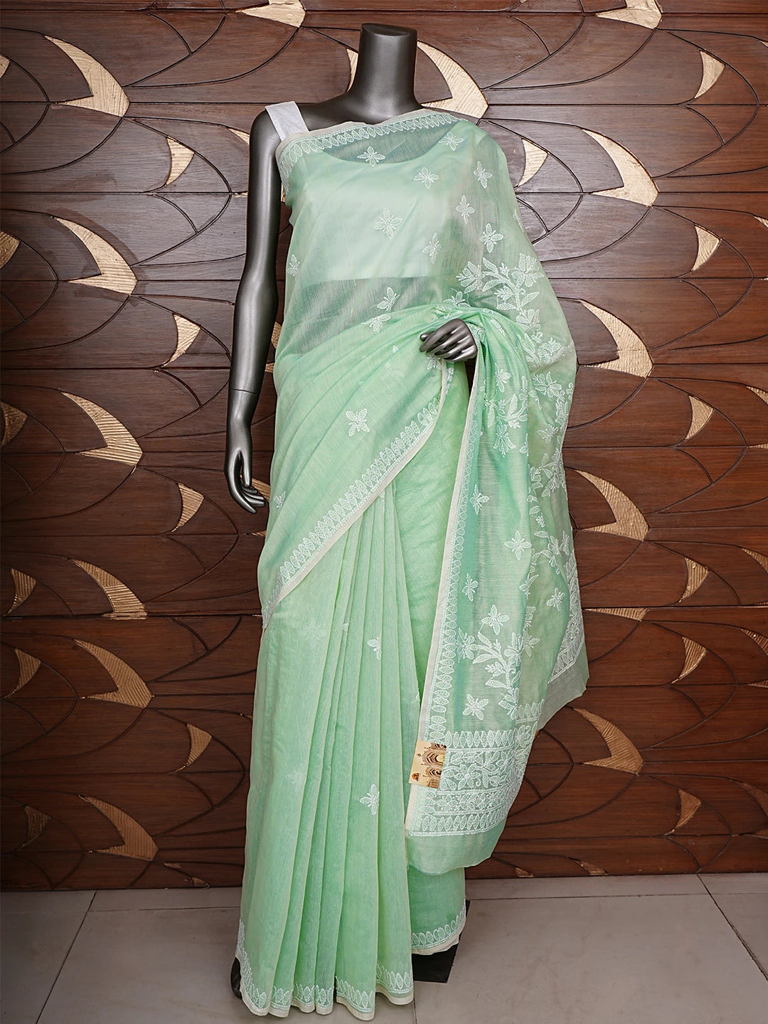 Ada Hand Embroidered Pista Green Chanderi Lucknowi Chikankari Saree and Blouse 01A913413