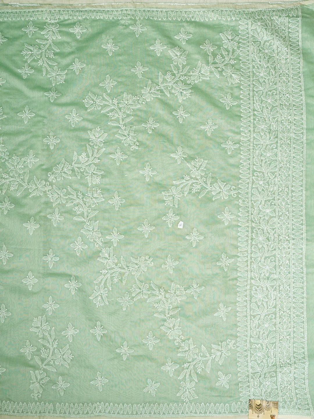 Ada Hand Embroidered Pista Green Chanderi Lucknowi Chikankari Saree and Blouse 01A913413