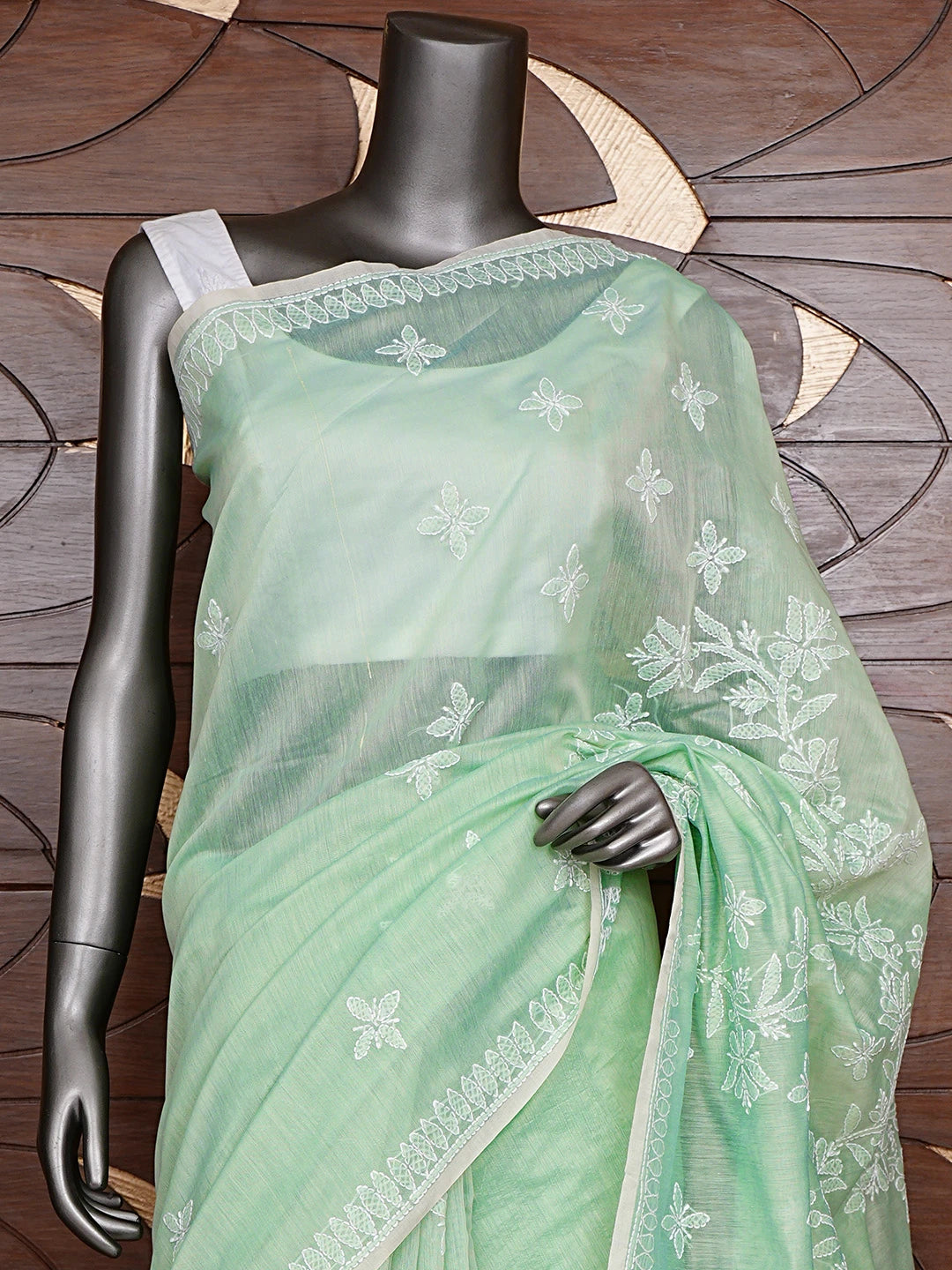 Ada Hand Embroidered Pista Green Chanderi Lucknowi Chikankari Saree and Blouse 01A913413