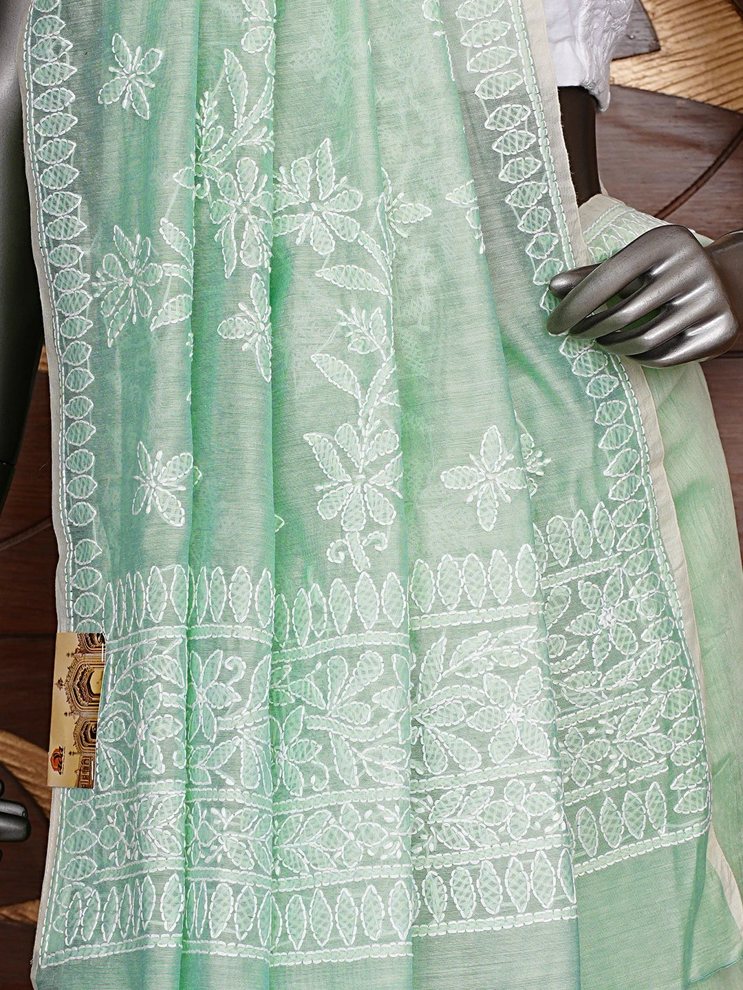 Ada Hand Embroidered Pista Green Chanderi Lucknowi Chikankari Saree and Blouse 01A913413