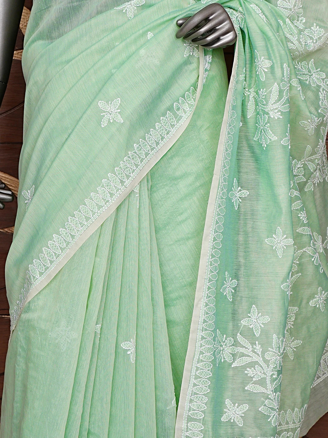 Ada Hand Embroidered Pista Green Chanderi Lucknowi Chikankari Saree and Blouse 01A913413