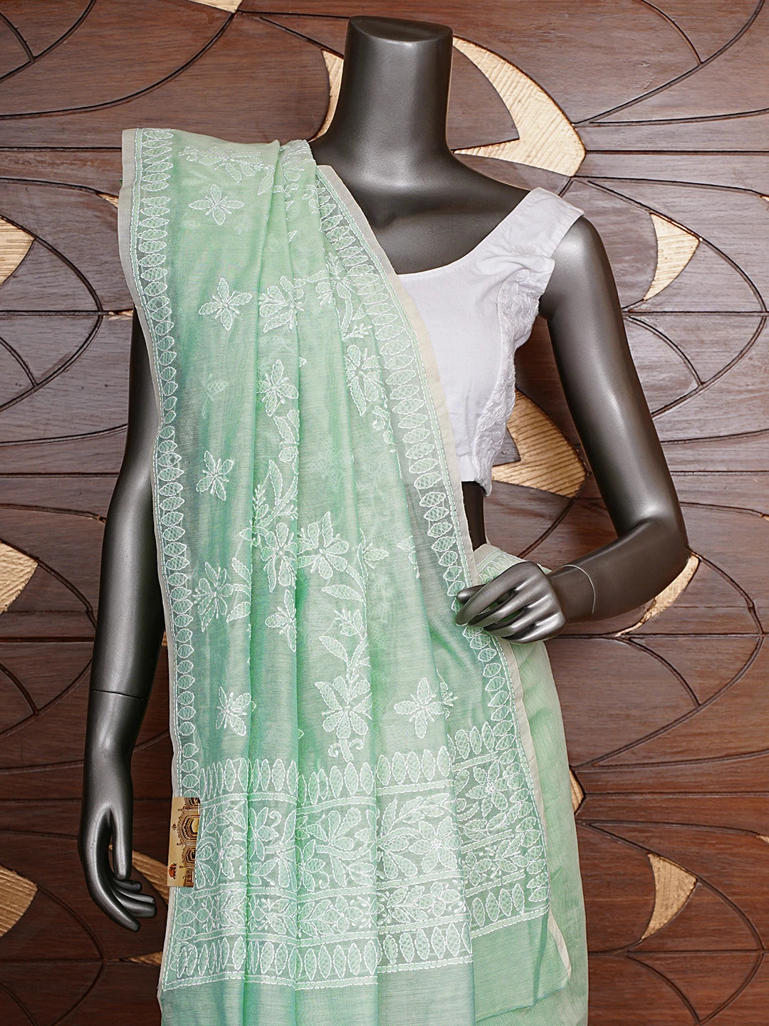 Ada Hand Embroidered Pista Green Chanderi Lucknowi Chikankari Saree and Blouse 01A913413