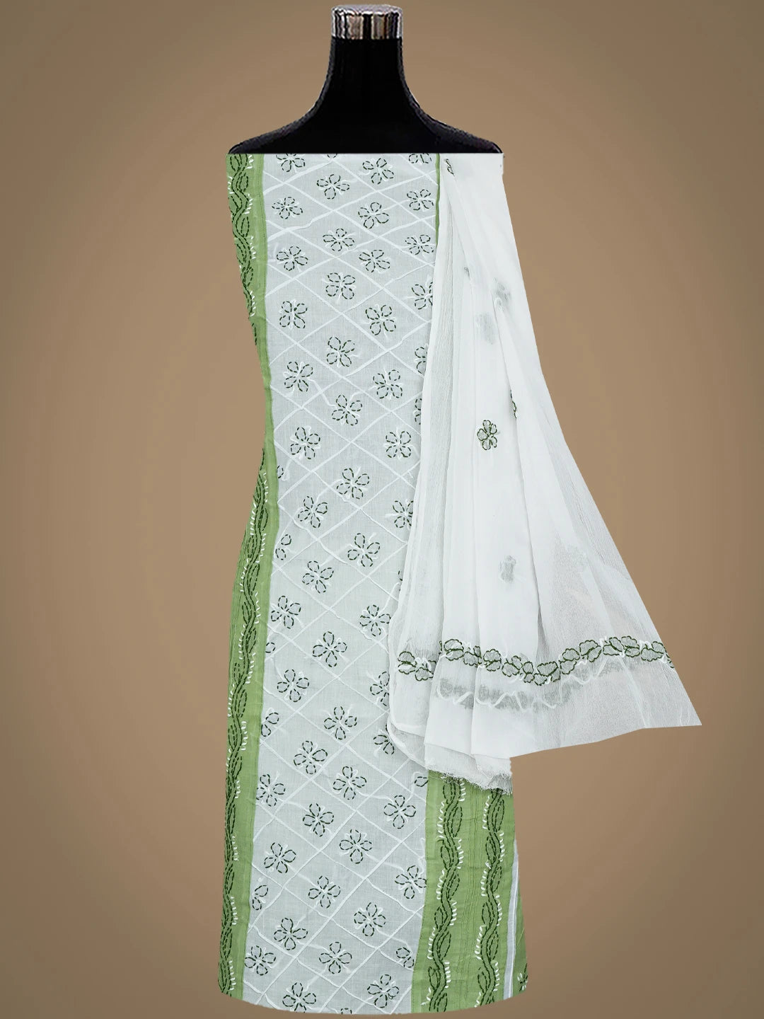 Ada Hand Embroidered Green And White Cotton Lucknowi Chikankari Unstitched Suit Piece 01A818368