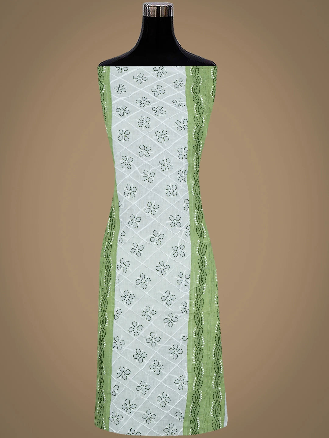 Ada Hand Embroidered Green And White Cotton Lucknowi Chikankari Unstitched Suit Piece 01A818368