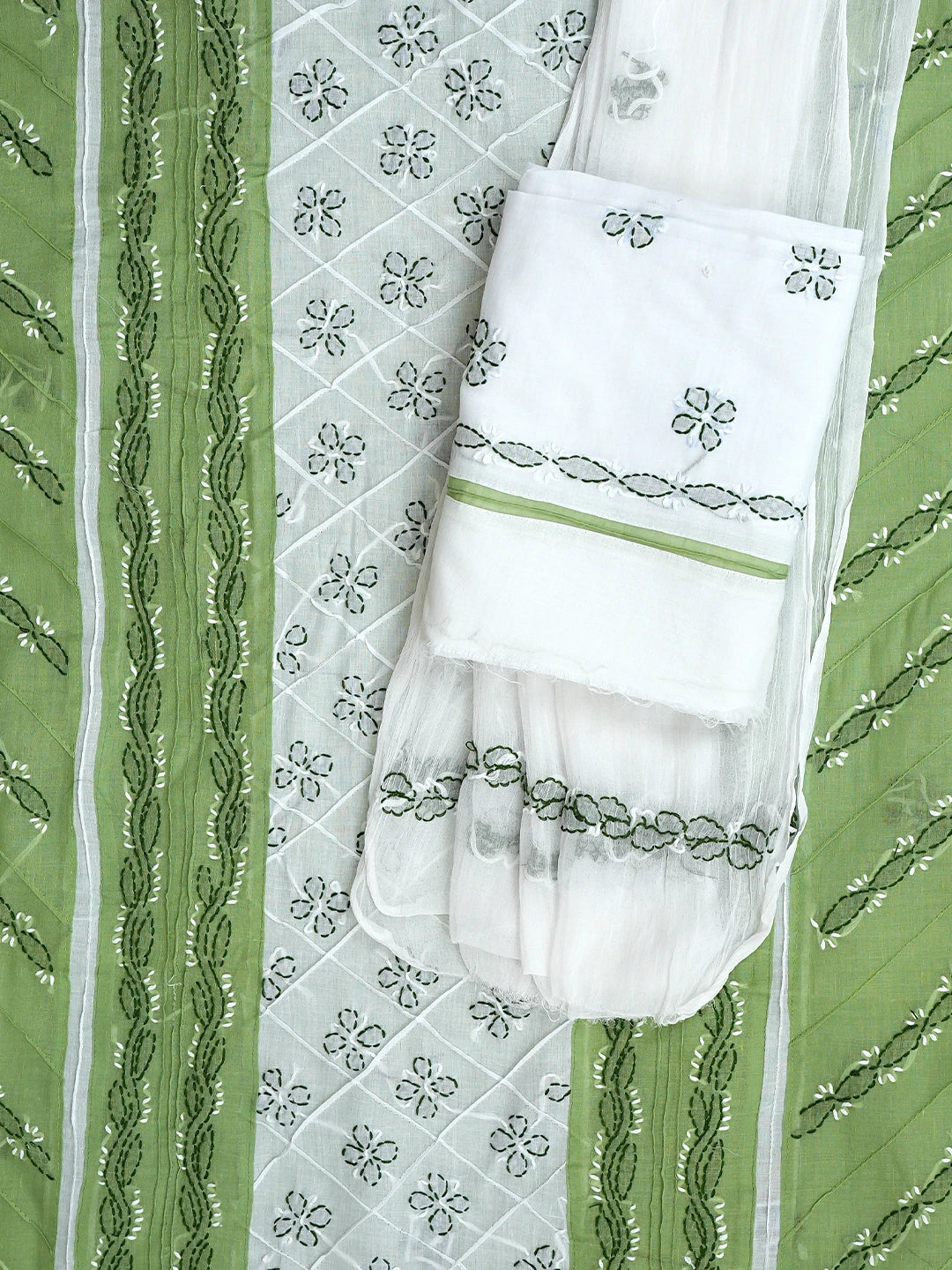 Ada Hand Embroidered Green And White Cotton Lucknowi Chikankari Unstitched Suit Piece 01A818368