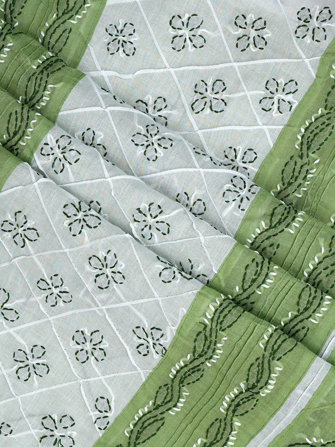 Ada Hand Embroidered Green And White Cotton Lucknowi Chikankari Unstitched Suit Piece 01A818368