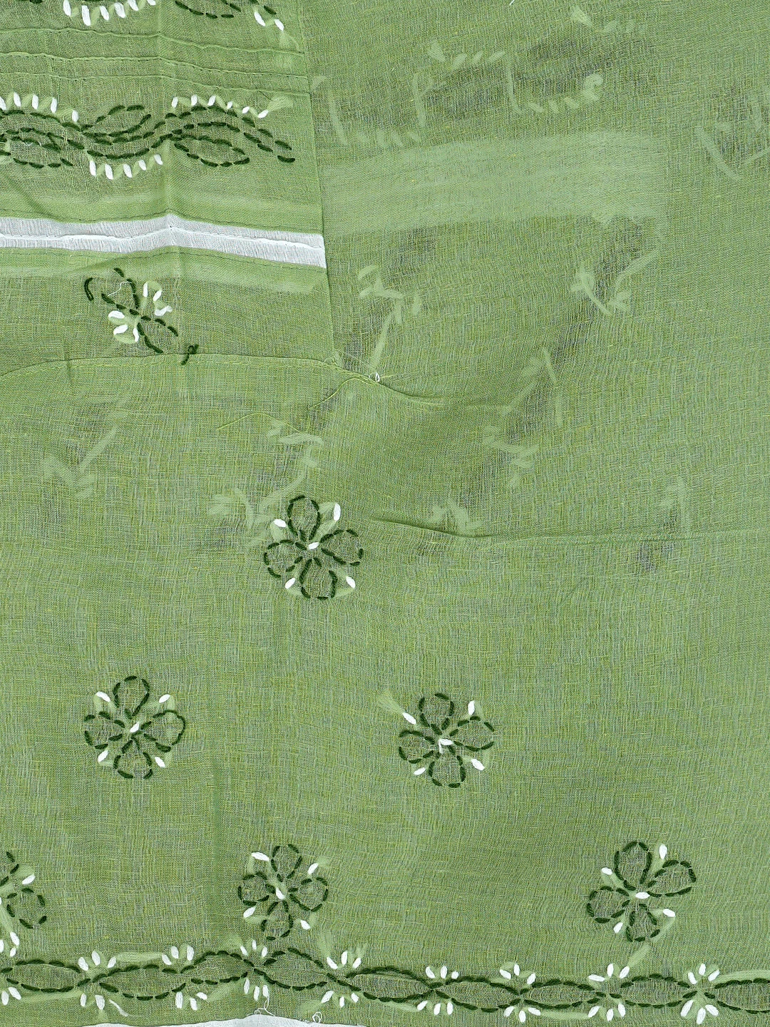 Ada Hand Embroidered Green And White Cotton Lucknowi Chikankari Unstitched Suit Piece 01A818368