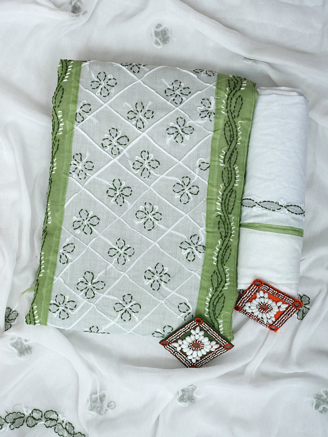 Ada Hand Embroidered Green And White Cotton Lucknowi Chikankari Unstitched Suit Piece 01A818368