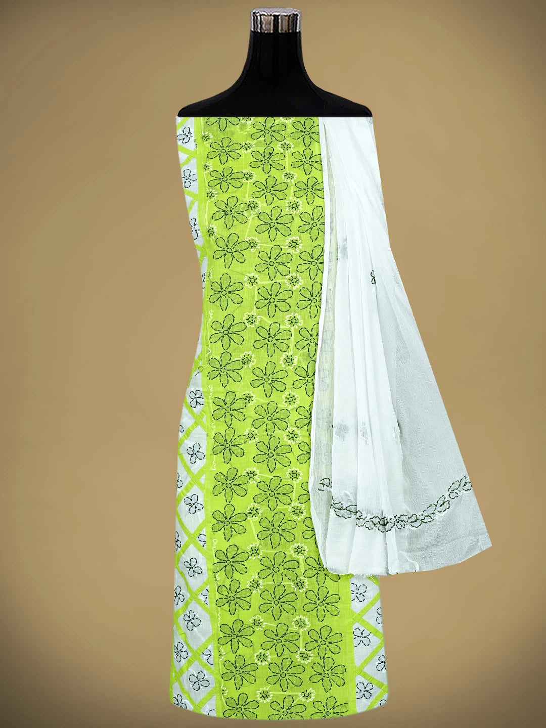 Ada Hand Embroidered Parrot Green And White Cotton Lucknowi Chikankari Unstitched Suit Piece 01A853000