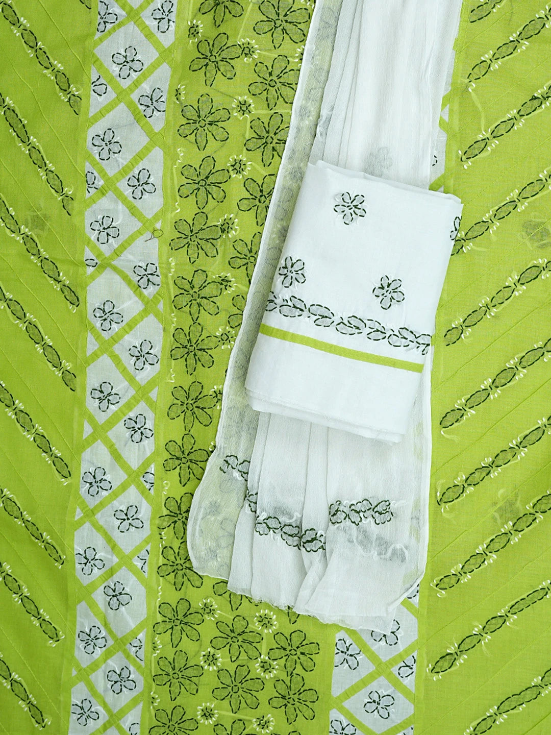 Ada Hand Embroidered Parrot Green And White Cotton Lucknowi Chikankari Unstitched Suit Piece 01A853000